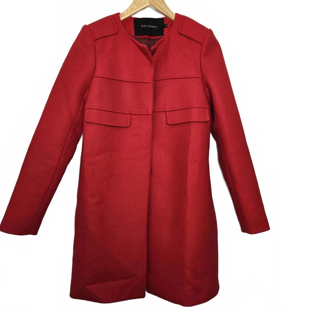 Tara Jarmon Coat Women's 36 Small Red Wool Manteau Button Down Long Sleek